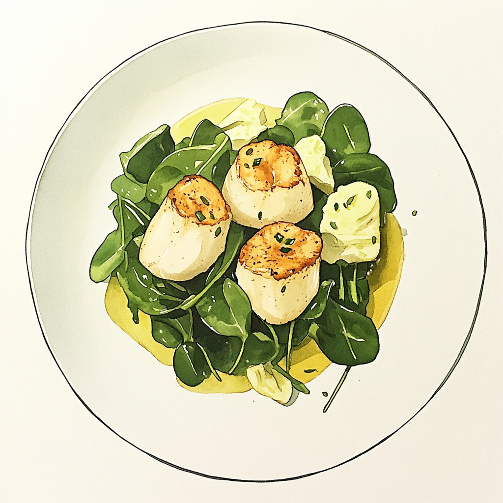 SCALLOPS / WHITE WINE SAUCE AND CHIVES / BABY SPINACH LEAVES AND CAULIFLOWER