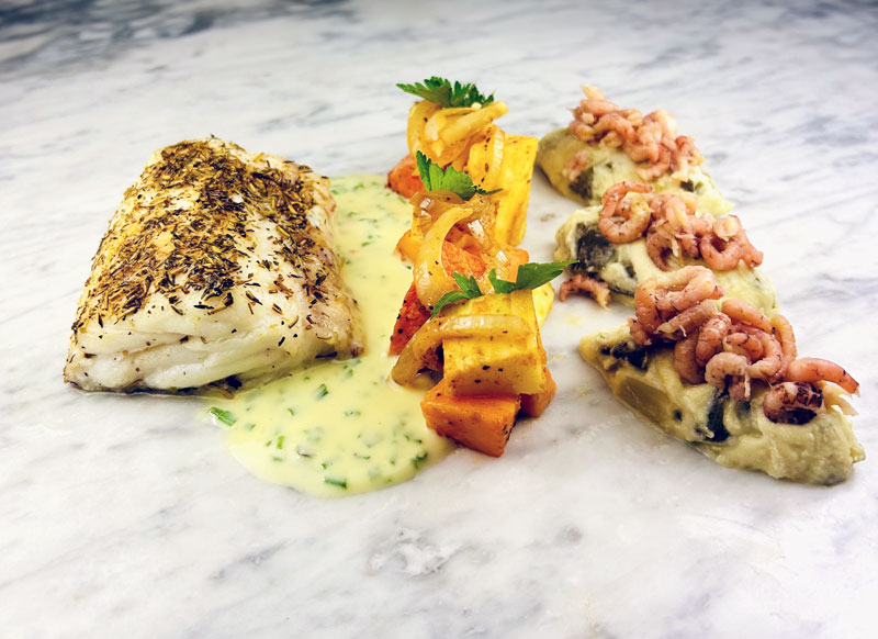 COD FILLET / LEMON CHIVE SAUCE / GRAY SHRIMPS / LEEK PUREE / CARROTS AND PARSNIPS