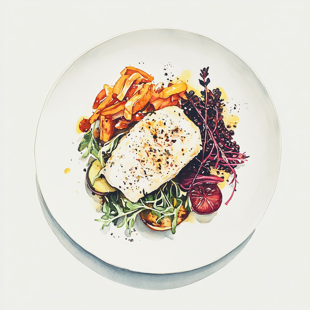 3 - 1P HADDOCK FILLET IN A HERB CRUST, ANISEED SAUCE, CELERIAC, RED BEETROOT AND GRILLED ONIONS, SPICED BLACK RICE