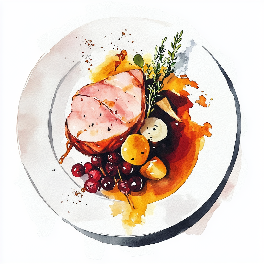 3 - 5P BONELESS HAM, BROWN SAUCE WITH TIERENTEYN MUSTARD, CARAMELIZED PUMPKIN WITH HONEY AND SOY, ONIONS AND CRANBERRIES, CELERIAC PUREE