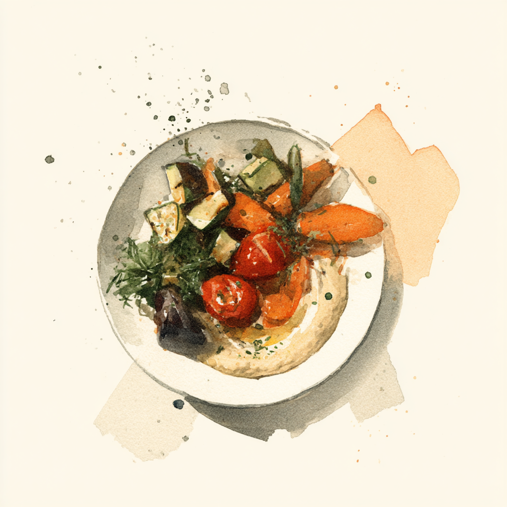 4 - 1E  GEGRILDE PAPRIKA'S / COURGETTES / WORTELEN / AUBERGINES / HUMMUS