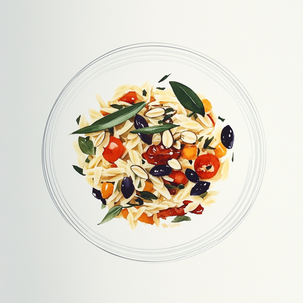 4 - 7E SALADE DE PATES ORZO / FETA / AMANDES / TOMATES SECHEES / OLIVES