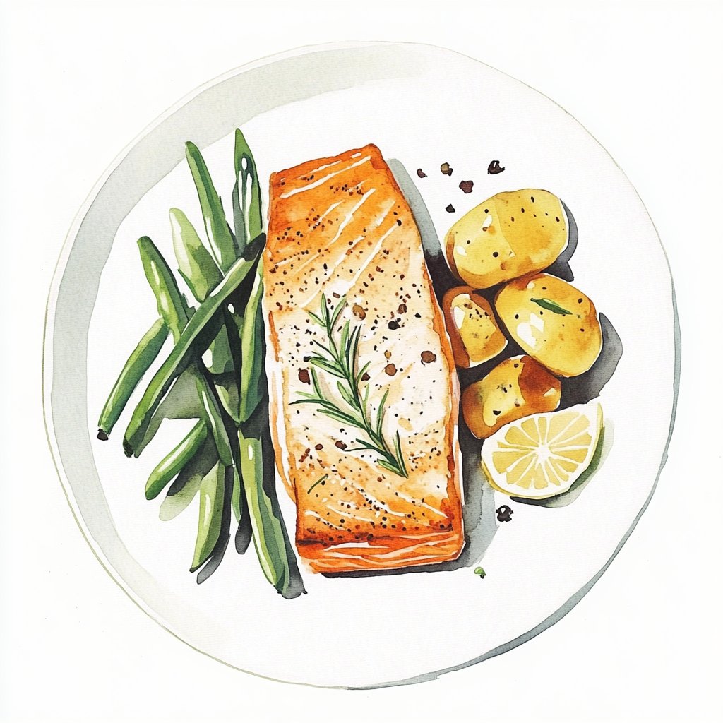 4 - 1P SPICE-CRUSTED SALMON FILLET, WHITE WINE AND LEMON SAUCE, GREEN BEANS WITH SHALLOTS AND GINGER, SEA SALT AND ROSEMARY POTATOES