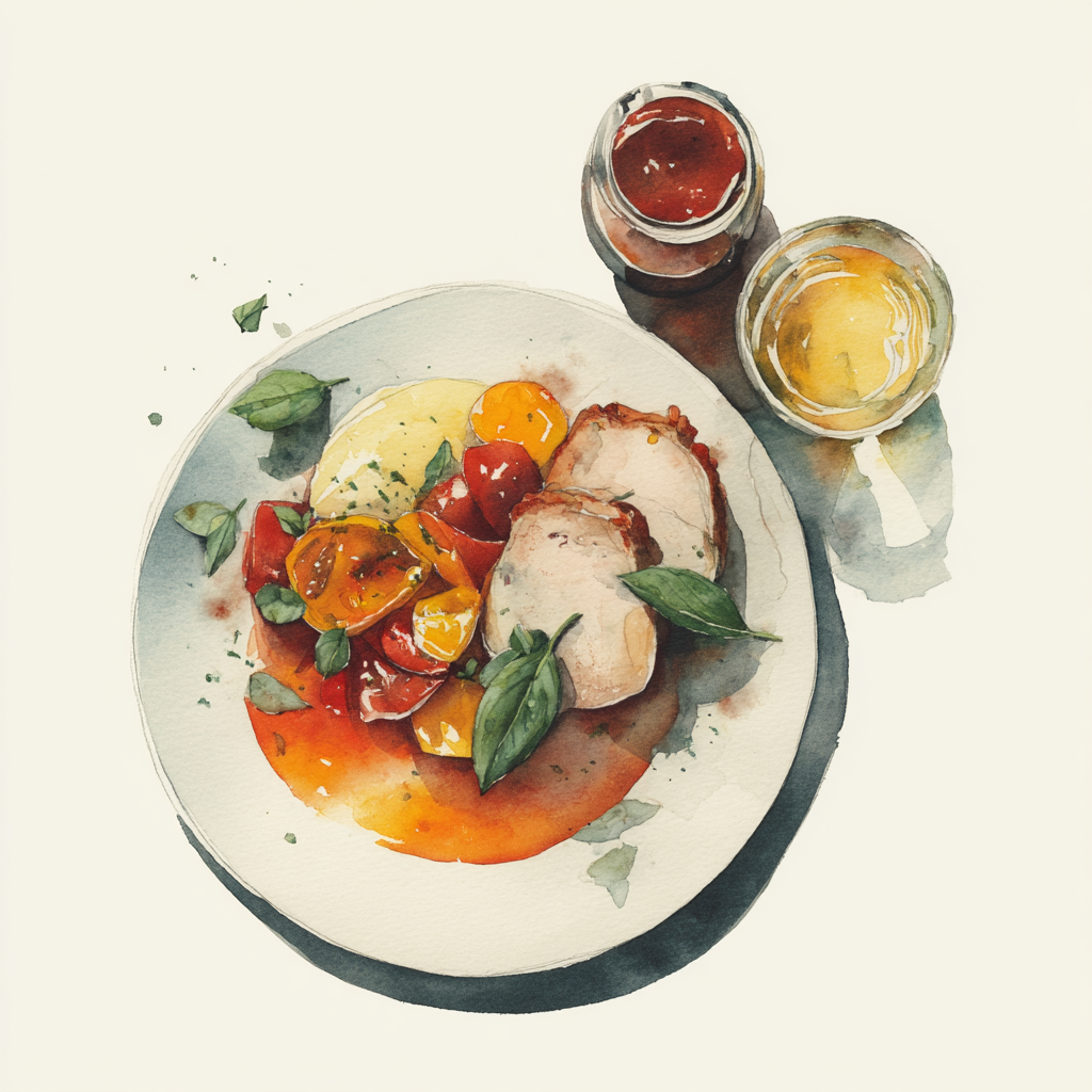 4 - 3P CORDON BLEU VAN KALKOEN, SAUS MET TOMATEN EN PARMEZAAN, GEKONFIJTE PAPRIKA'S, AARDAPPELPUREE MET BASILICUM