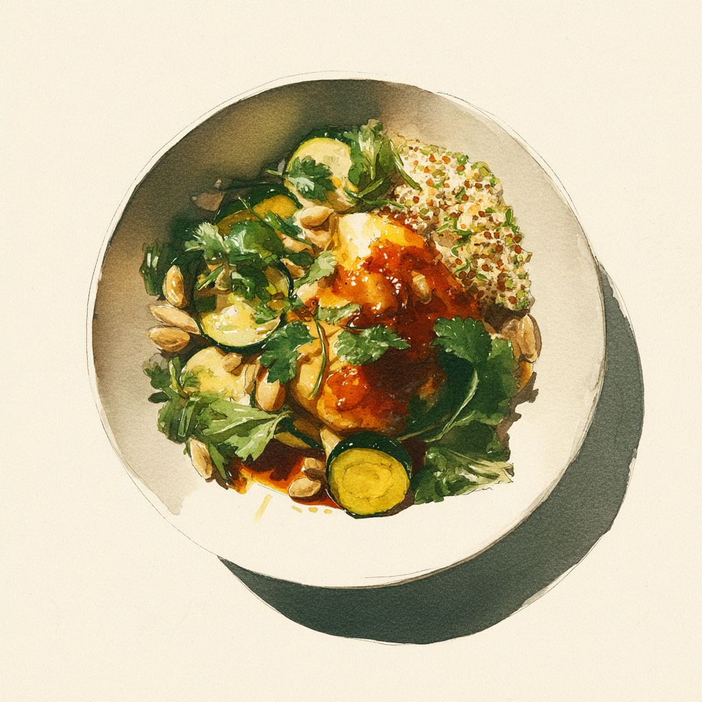 4 - 4P TAJINE VAN HOEVEKIP, KERRIE-KORIANDERSAUS, COURGETTES EN ROZIJNEN, QUINOA MET GROENE KRUIDEN