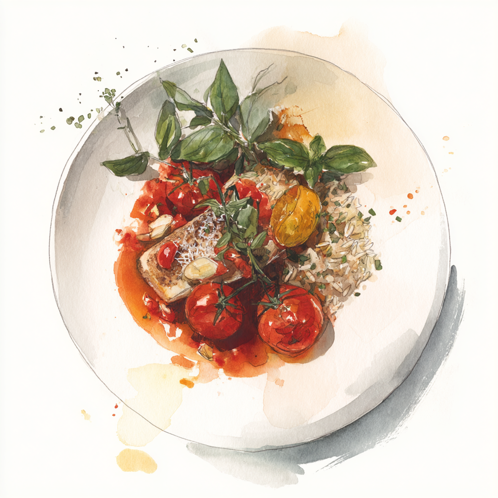 4 - 5P FILET VAN ZEEBARBEEL, VIERGE SAUS, GEGRILDE TOMAAT, VOLKORENRIJST MET UIEN, BASILICUM EN PARMEZAAN