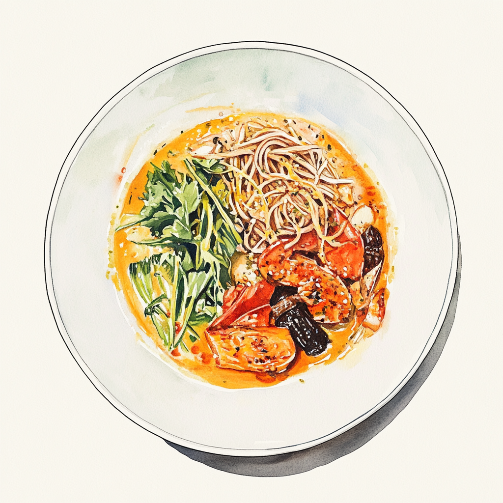 4 - 8P SCAMPI, YELLOW SAUCE WITH COCONUTS MILK, SOBA NOODLES WITH CRUNCHY VEGETABLES AND SPICES