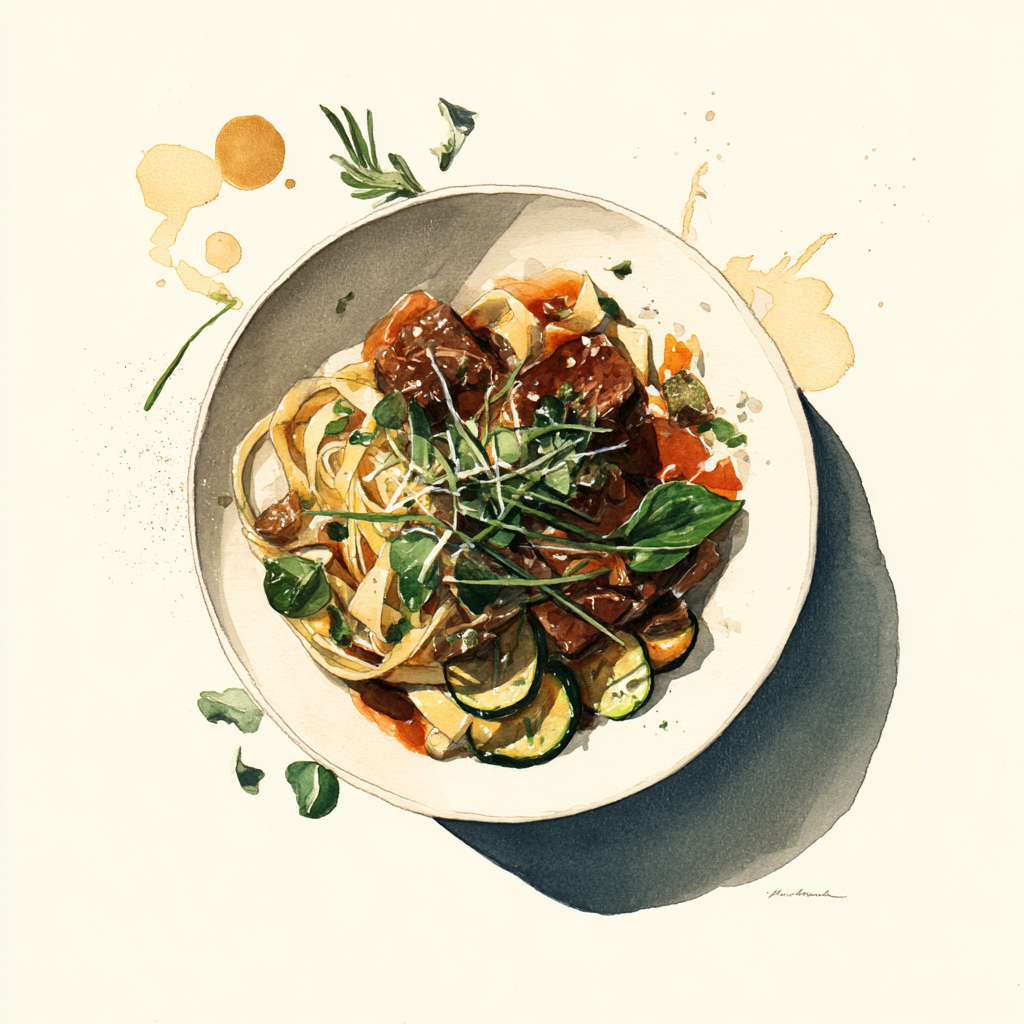 4 - 9P RUNDSTOOFVLEES STROGANOFF, GEBAKKEN COURGETTE EN UIEN, LINGUINE