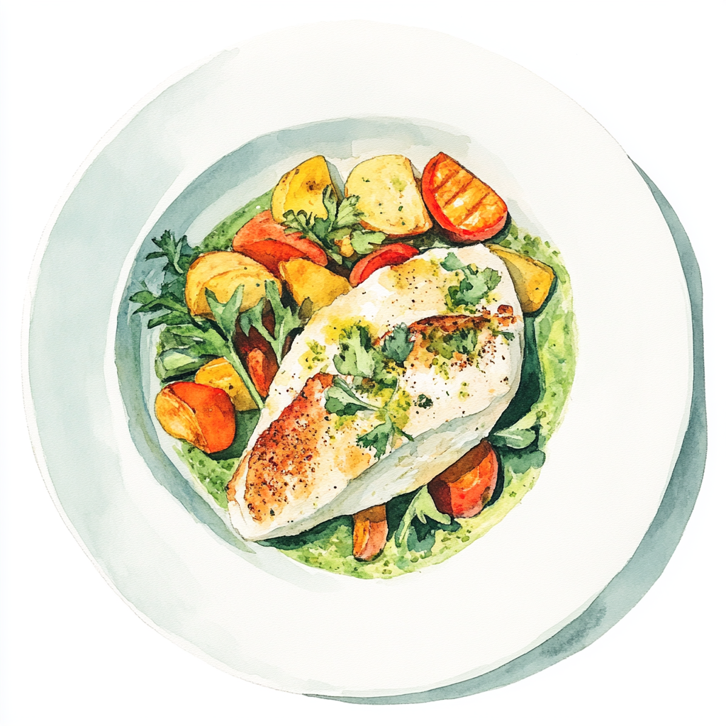 4 - 12P HADDOCK FILLET WITH GREEN SAUCE, WINTER VEGETABLES AND OVEN-ROASTED POTATOESE