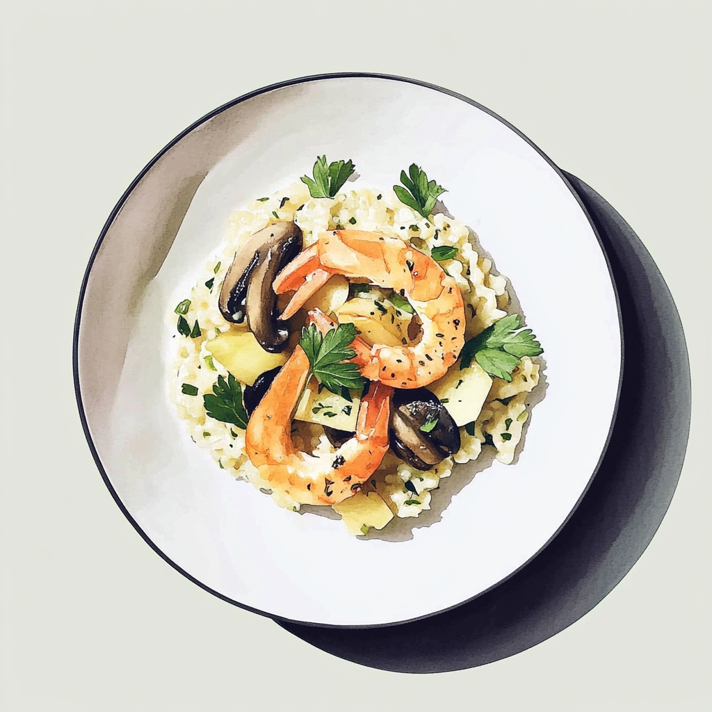 1 - 5P SCAMPI, BUCKWHEAT RISOTTO WITH WILD MUSHROOMS, ZUCCHINI AND ONIONS WITH FRESH HERBS