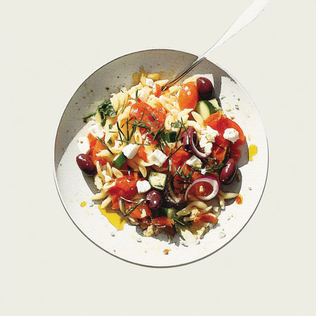 2 - 5E SALADE VAN GRIESKE PASTA, OLIJVEN, GEDROOGDE TOMATEN EN FETA