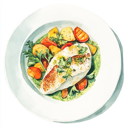 [526412 - 92 / FTK] 4 - 12P HADDOCK FILLET WITH GREEN SAUCE, WINTER VEGETABLES AND OVEN-ROASTED POTATOESE