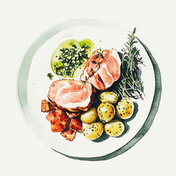 [526106 - 92 / FTK] 1 - 6P BONELESS HAM, MADAGASCAR GREEN PEPER SAUCE, BRUSSELS SPROUTS WITH BACON, ROSEMARY POTATOES